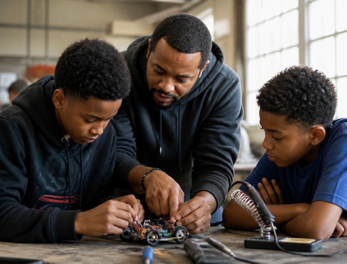 A mentor teaching two young students
